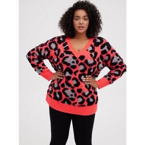 Torrid Chunky Bright Coral Pink Leopard Print Fuzzy Tunic Sweater